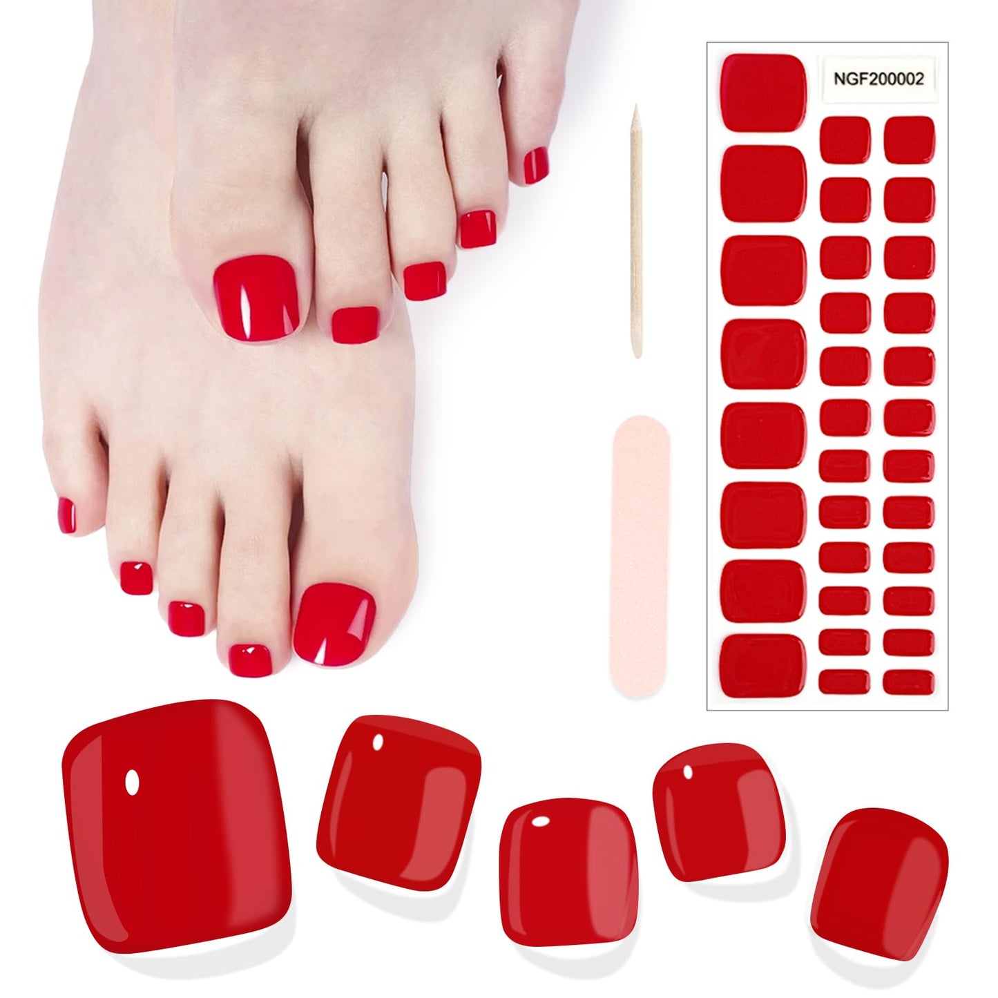SILPECWEE Semi Cured Gel Nail Strips, Toenails Stickers Full Nail Wraps UV Light Required, Salon Quality, Easy to Apply & Remove, Toenail Strips for Women Girl (Alluring Red - 32PCS)