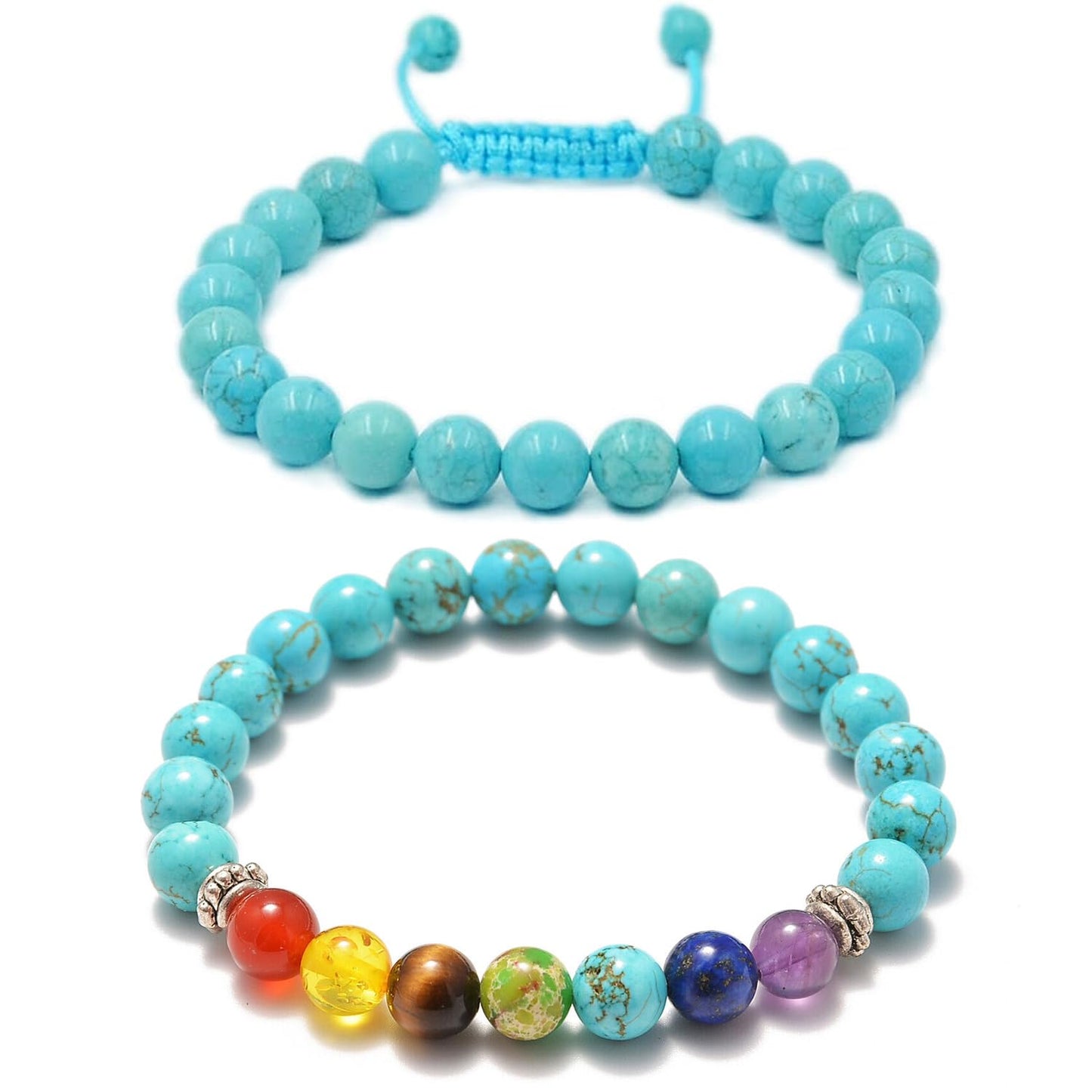 AD Beads 2Pcs His & Hers Distance Beads Bracelets Elastic Natural Stone Yoga Bracelet (7 Chakras-Blue Turquoise)