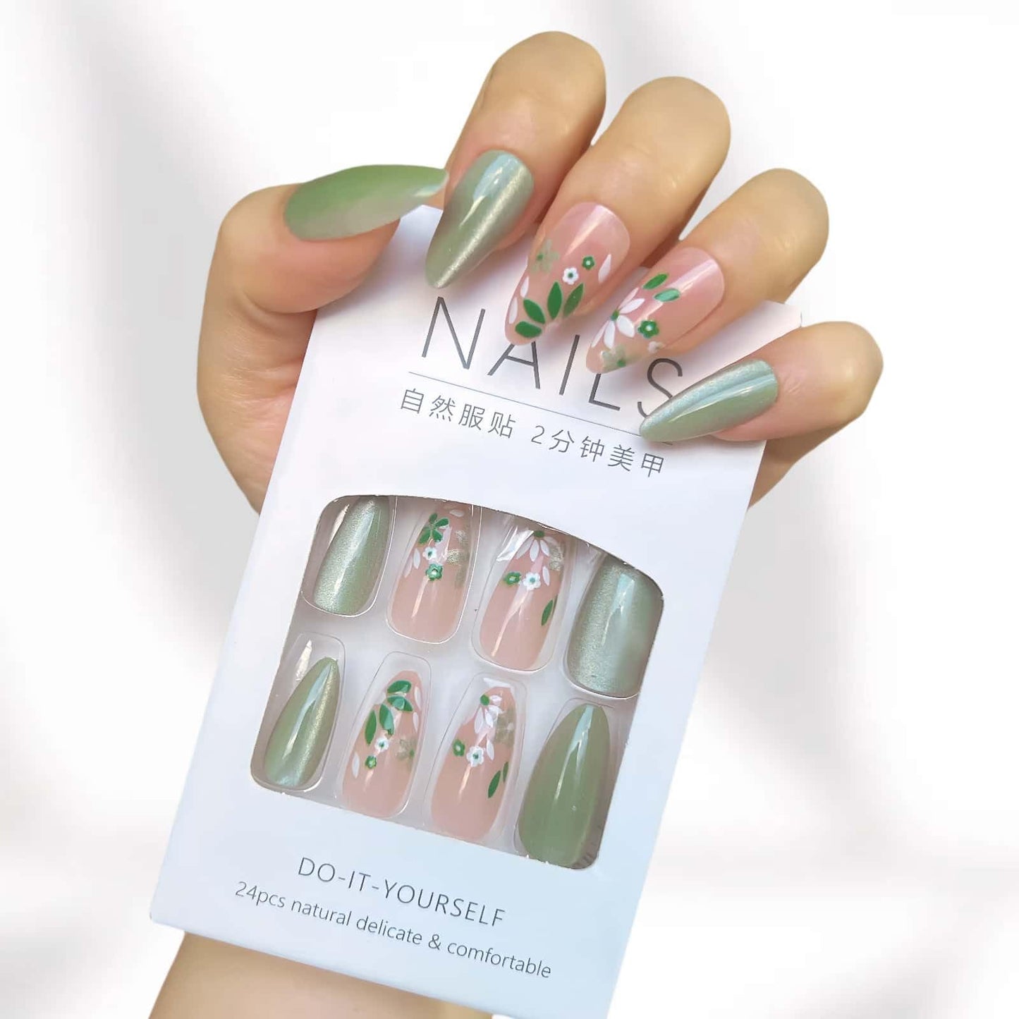 French Tip Press on Nails Cat Eye Fake Nails with Flowers Design Mint Milk Green Reusable Glue on Nails Full Cover Acrylic Stick on Nails For Women Decoration 24 Pcs Artificial Nails