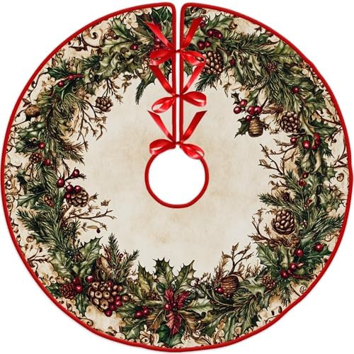 Flowers and Leaves Christmas Tree Skirt 36" by Leo Walker Xmas Tree Skirts Mat Round Pad for Happy New Year Welcome Spring Holiday Party Supplies Rustic Ornaments Indoor Home Decor