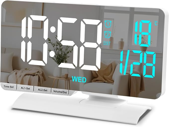 SZELAM Digital Clock,Alarm Clock Bedside,7.3'' Large LED Mirror with Date