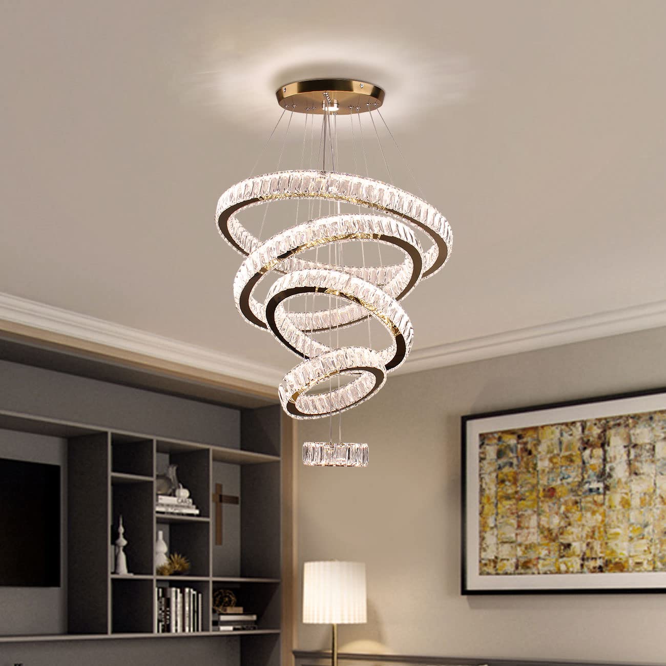 Dixun LED Big Crystal Chandeliers Modern 5 Rings Pendant Light Adjustable Ceiling Light for Bedroom Dinning Room Kitchen (Multicolor,Control by Switch)