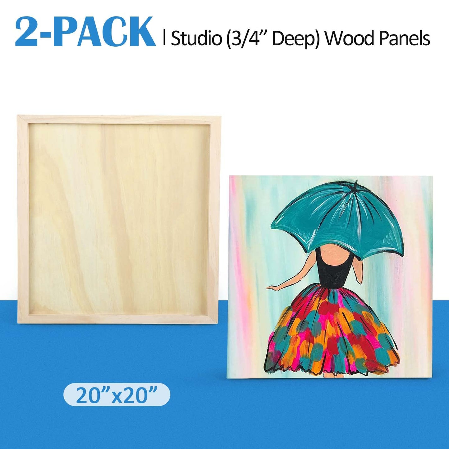 Unfinished Birch Wood Canvas Panels Kit, Falling in Art 2 Pack of 20 x20’’ Studio 3/4’’ Deep Cradle Boards for Pouring Art, Crafts, Painting, and More