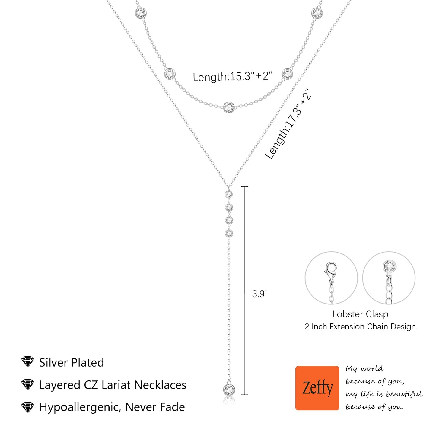 Zeffy Long Silver Necklace for Women- Dainty Silver Teardrop Drop Lariat Necklace Trendy Layered Simple CZ Y-Shaped Body Chain Stack Wedding Prom Dangle Statement Necklace Jewelry Gifts