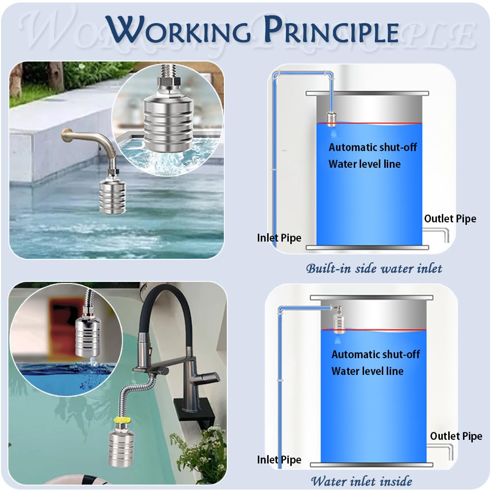 Float Valve,1/2" to 3/4" 1'' Water Level Control Float Valve, 304 Stainless Steel Fully Automatic Water Shut Off Valve, Automatic Water Level Controller for Water Tank, Pool, Livestock Troughs.