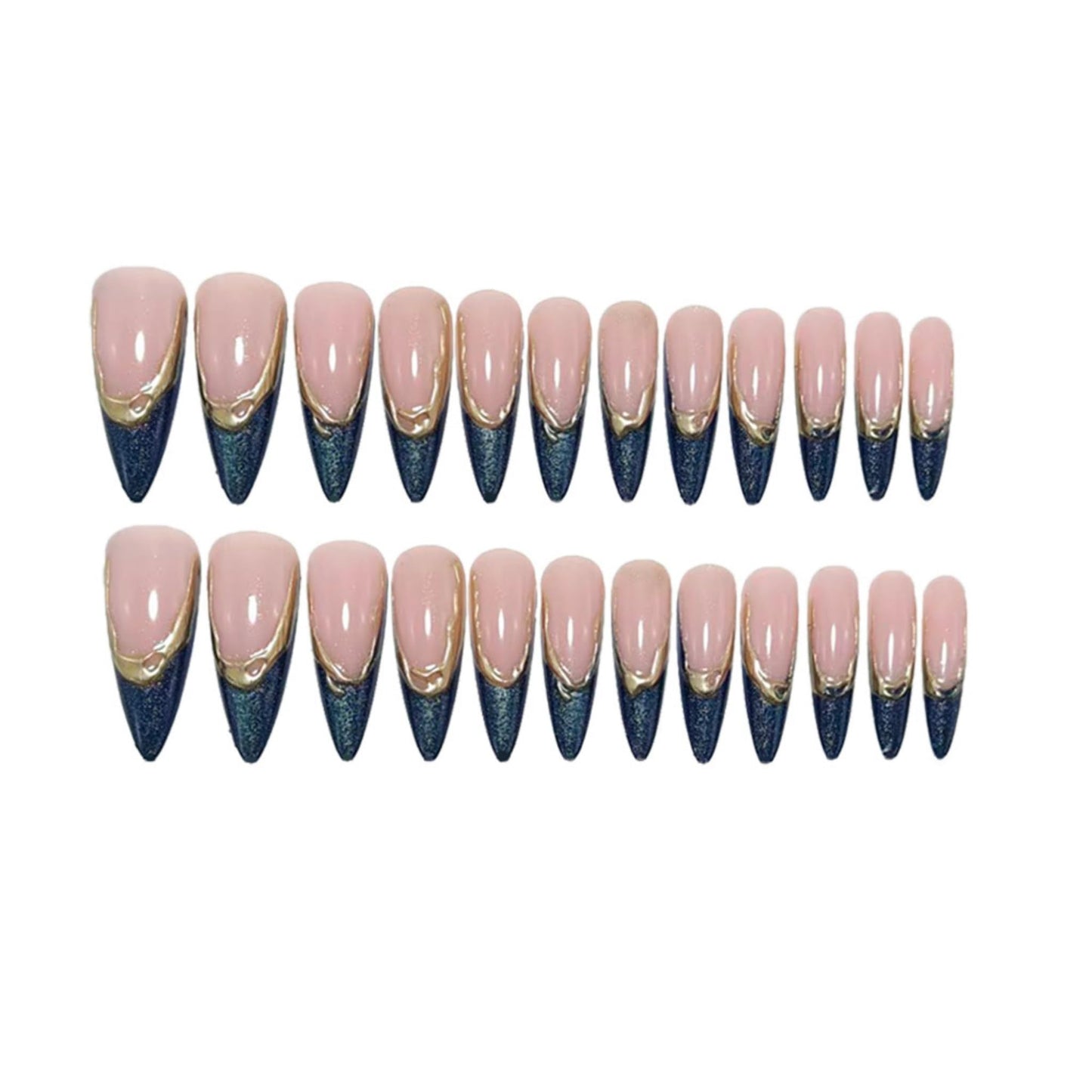 Long Press on Nails Almond Fake Nails Blue Artificial Nail French Cat eyeStick on Nail for Women 24pcs