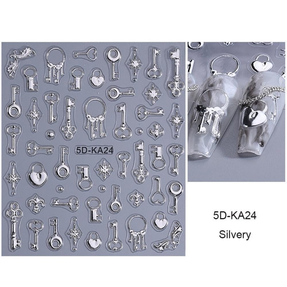 4 Sheets 5D Embossed Key Nail Stickers Silver Key Nail Designs Laser Hearts Lock Nails Supplies 3D Self-Adhesive Laser Keys Ring Rose Gold Lock Bone Nails Decals for Women DIY Manicure
