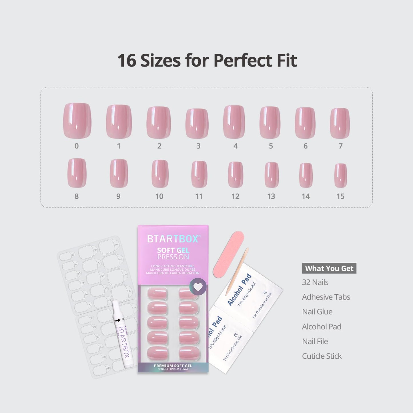 BTArtbox Press On Nails Short - Square Press On Nail, Pink Chrome Nail Tips Glue On Nails with Nail Glue, Reusable Stick On Nails in 16 Sizes - 32 Soft Gel Fake Nails Kit, Lotus Glazed