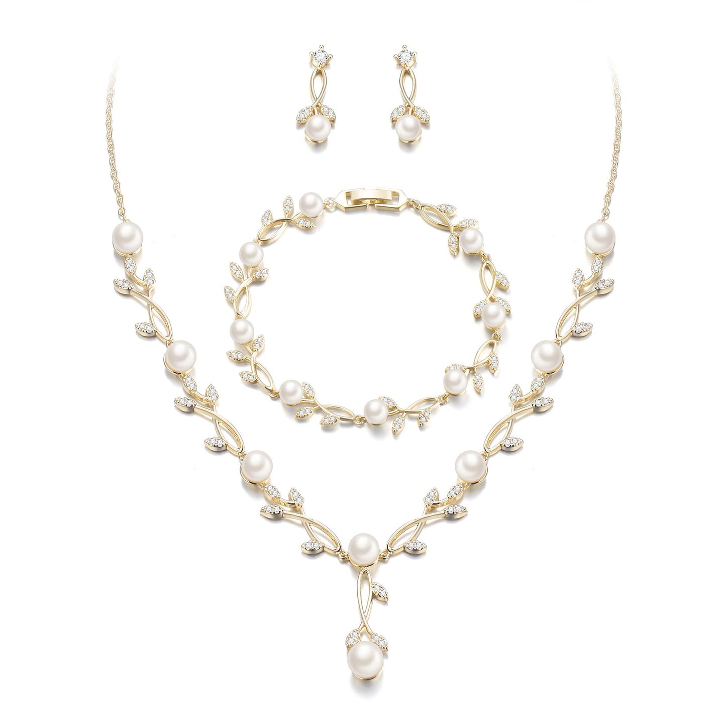 EVER FAITH Wedding Jewelry Sets for Bride, Gold-Plated-Brass White Cubic Zirconia Simulated Pearl Leaf Filigree Bridal Party Necklace Earrings Bracelet Set for Women
