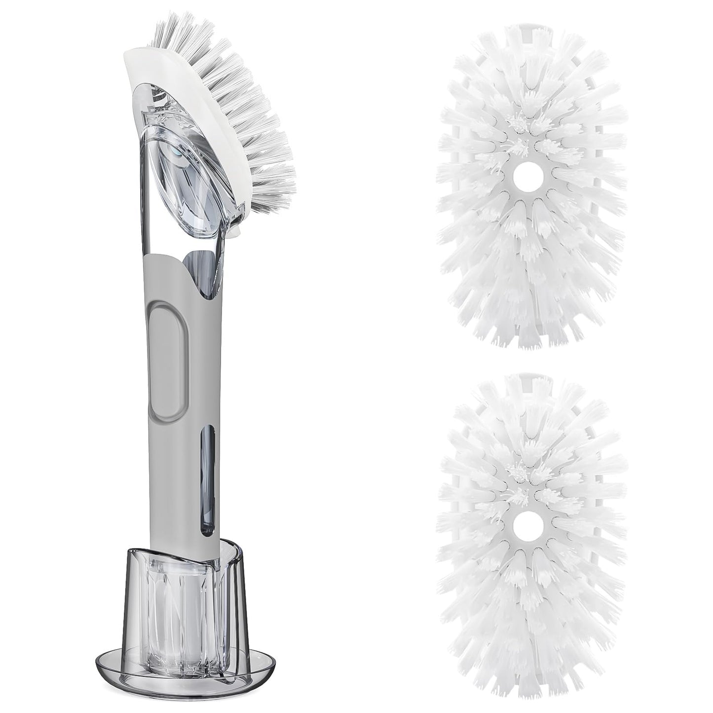 Soap Dispensing Replacement Dish Brush Storage Set with 2 PCS Brush Refills & Holder - RIMAY Dispenser Scrub Cleaning Scrubber Kitchen Dishwashing Dish Wand Handle for Dishes/Pans/Pots/Sink(Grey)