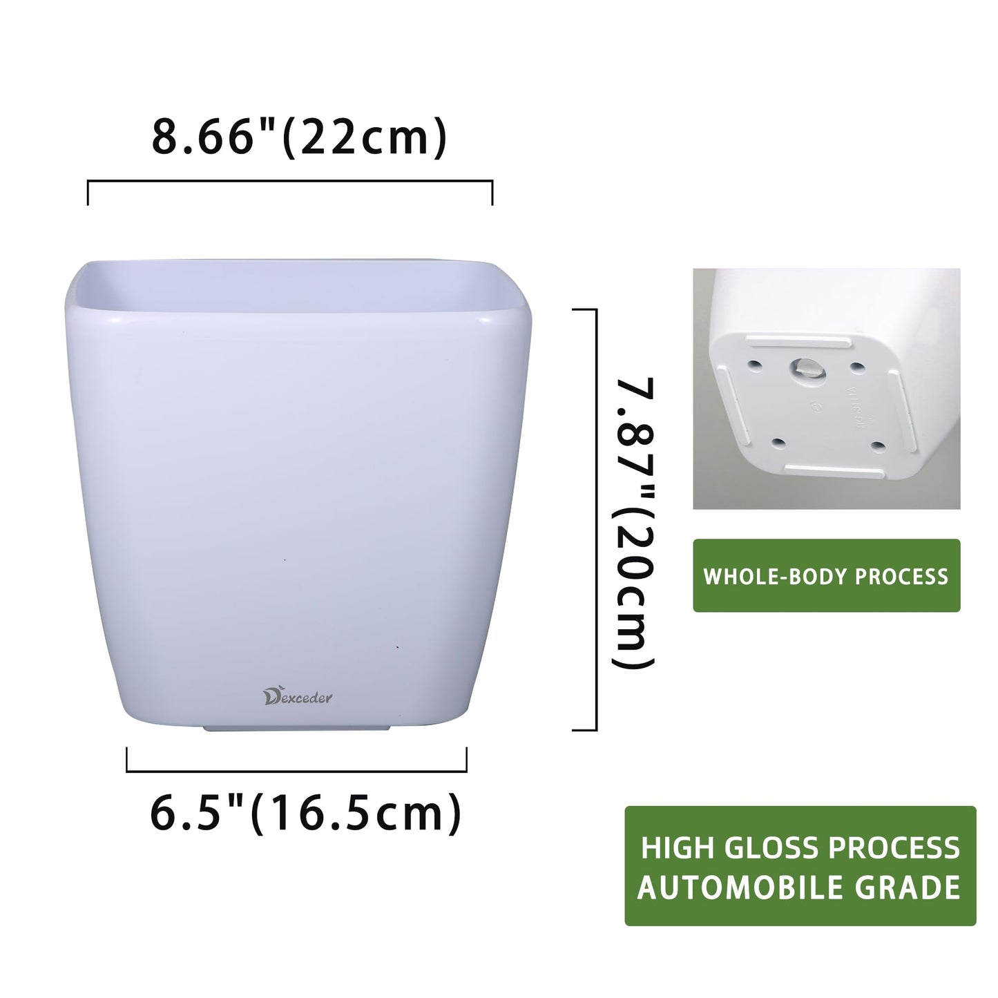 Dexceder 9x8 Self Watering Planter Indoor Outdoor, Inner Mat Design, Thickened Table Flower Plant Pot with Water Level Indicator (White High Gloss)