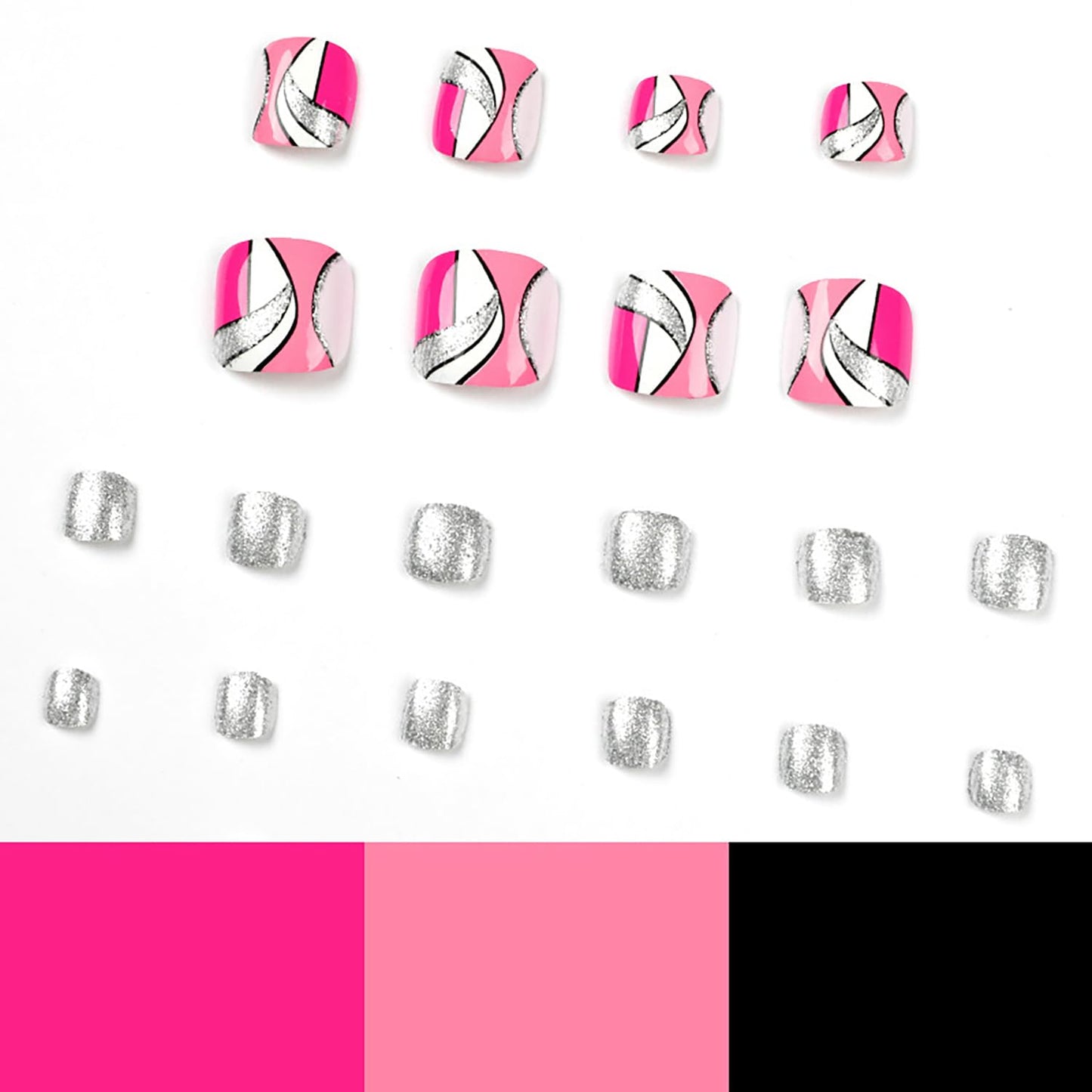 Artificial Acrylic Fake Nails for Toe, Press on Toenails Coffin with Silver Glitter Designs, Full Cover Reusable False Toenails with Glue, Glue on Toe nails with Charm for Women Girls（JP1632）