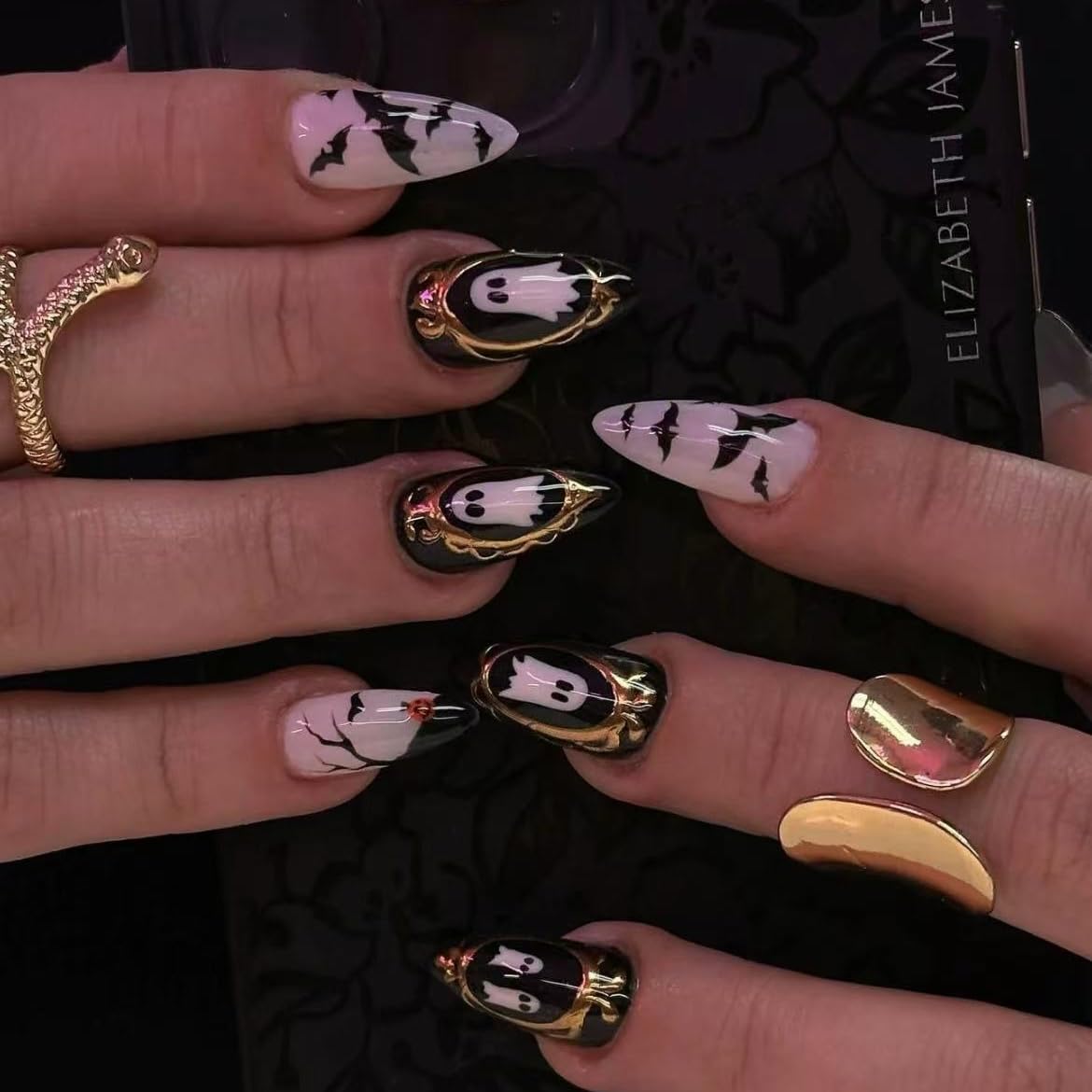 Halloween Press on Nails Short Fake Nails with Ghost Bat Design Almond Nails Glitter False Nails Halloween Full Cover Cute Stick on Nail for Woman Tool Kit Nail 10pcs (MT-151-L)
