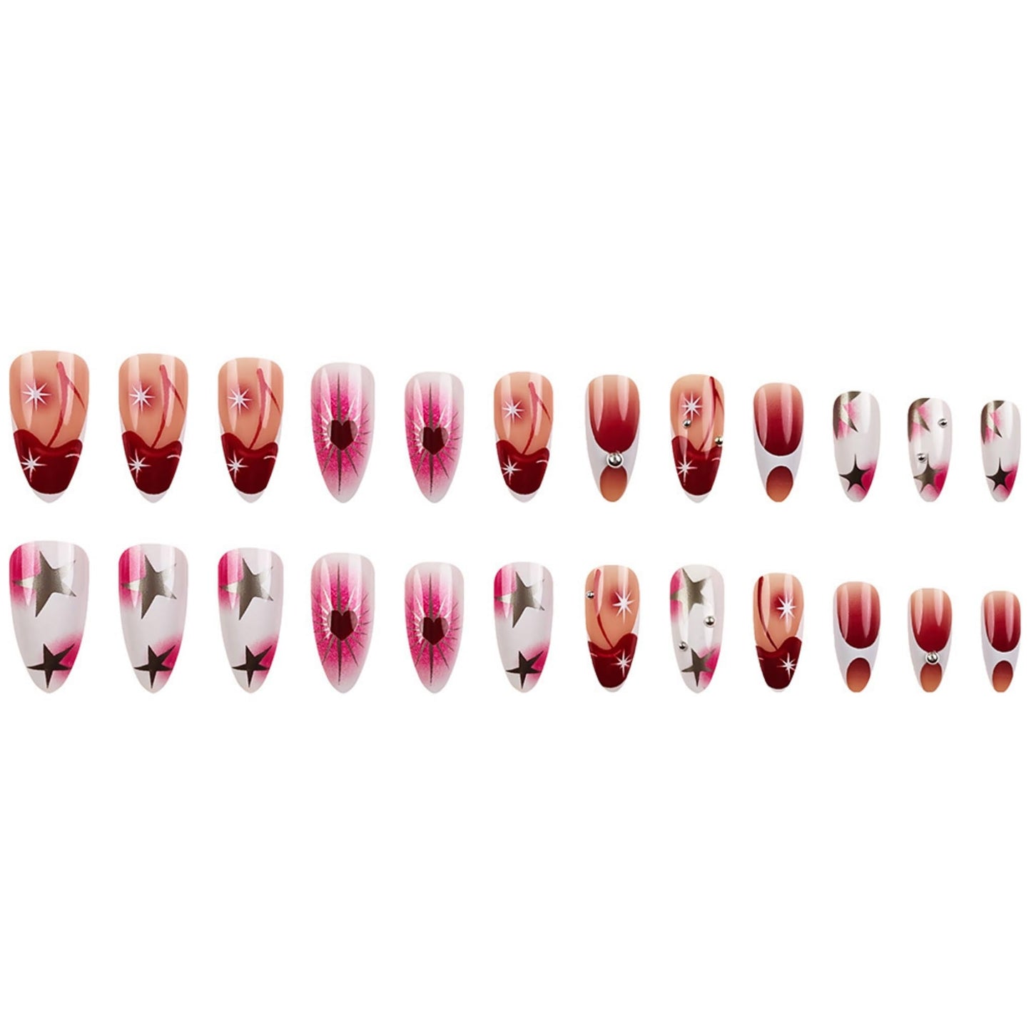 Almond Press on Nails Long Fake Nails Red Acrylic Nail Press ons Seeneey Heart and Silver Stars Designs Stick on Nail for Women 24pcs