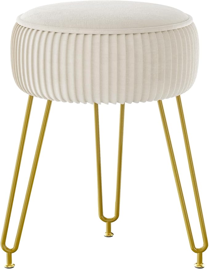IBUYKE Velvet Round Footrest Stool Ottoman, Makeup Vanity Stool Side Table, Velvet Dressing Table Seat, Pouf Couch Stool, Golden Steel Legs, Creamy-White LG-30M