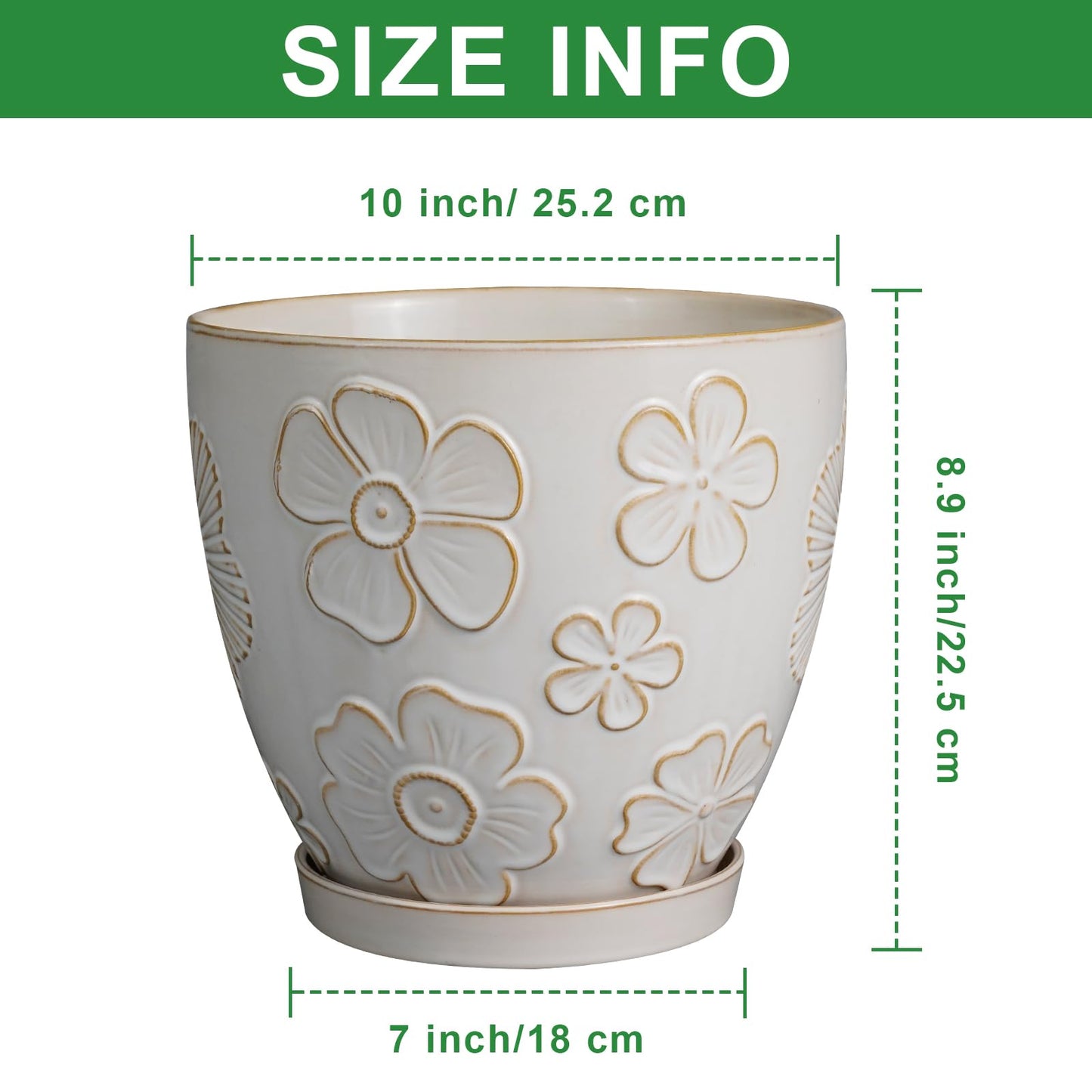 MPotTo 10 Inch Ceramic Planter Pot Large Plant Pot for Indoor Plants Outdoor Round Flower Pot with Drainage Hole and Saucer for Home Garden Decor White