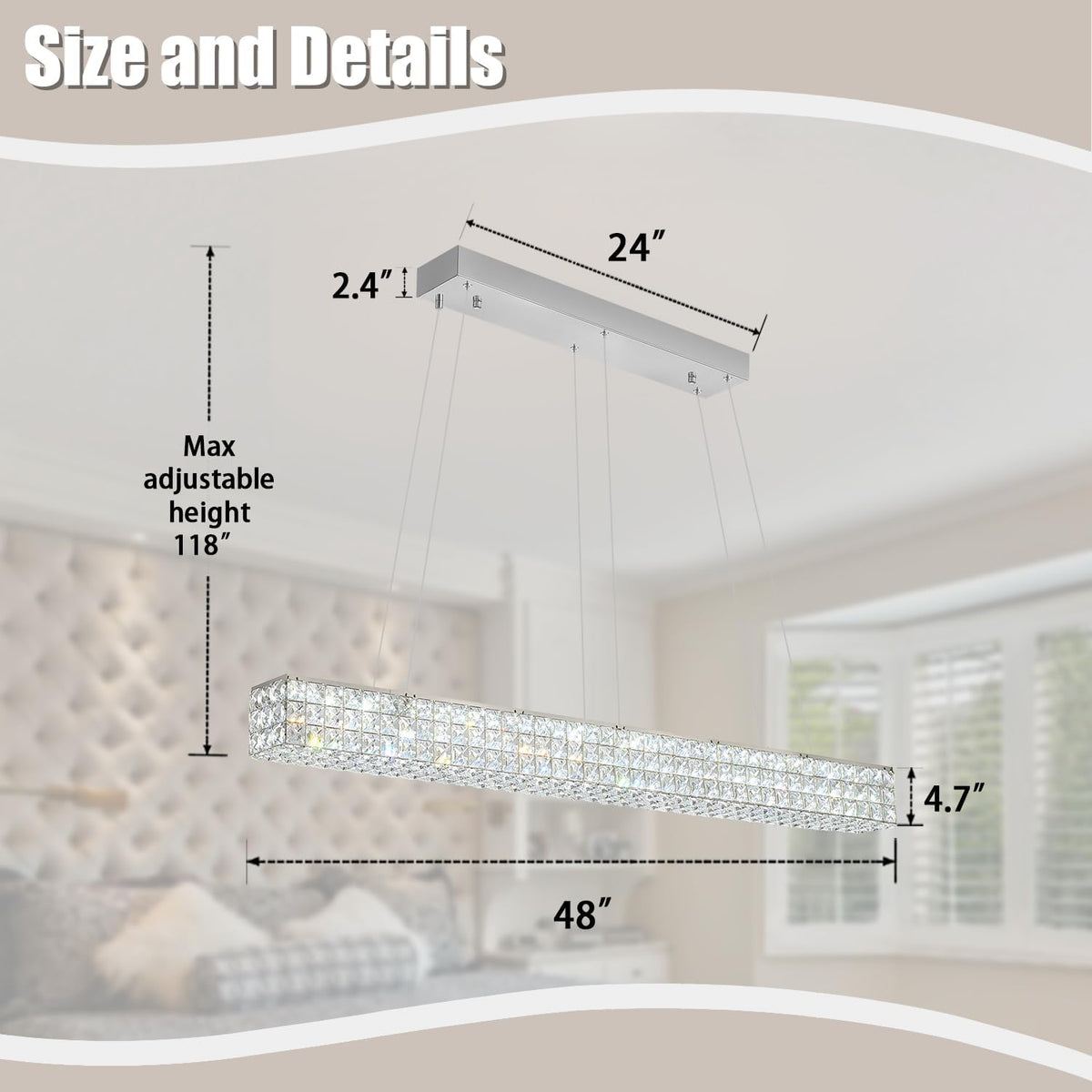 W48 Modern Rectangular Crystal Chandeliers Dining Room Chandelier,Silver Pendant Light Fixture with Remote Control for Living Room Kitchen Island