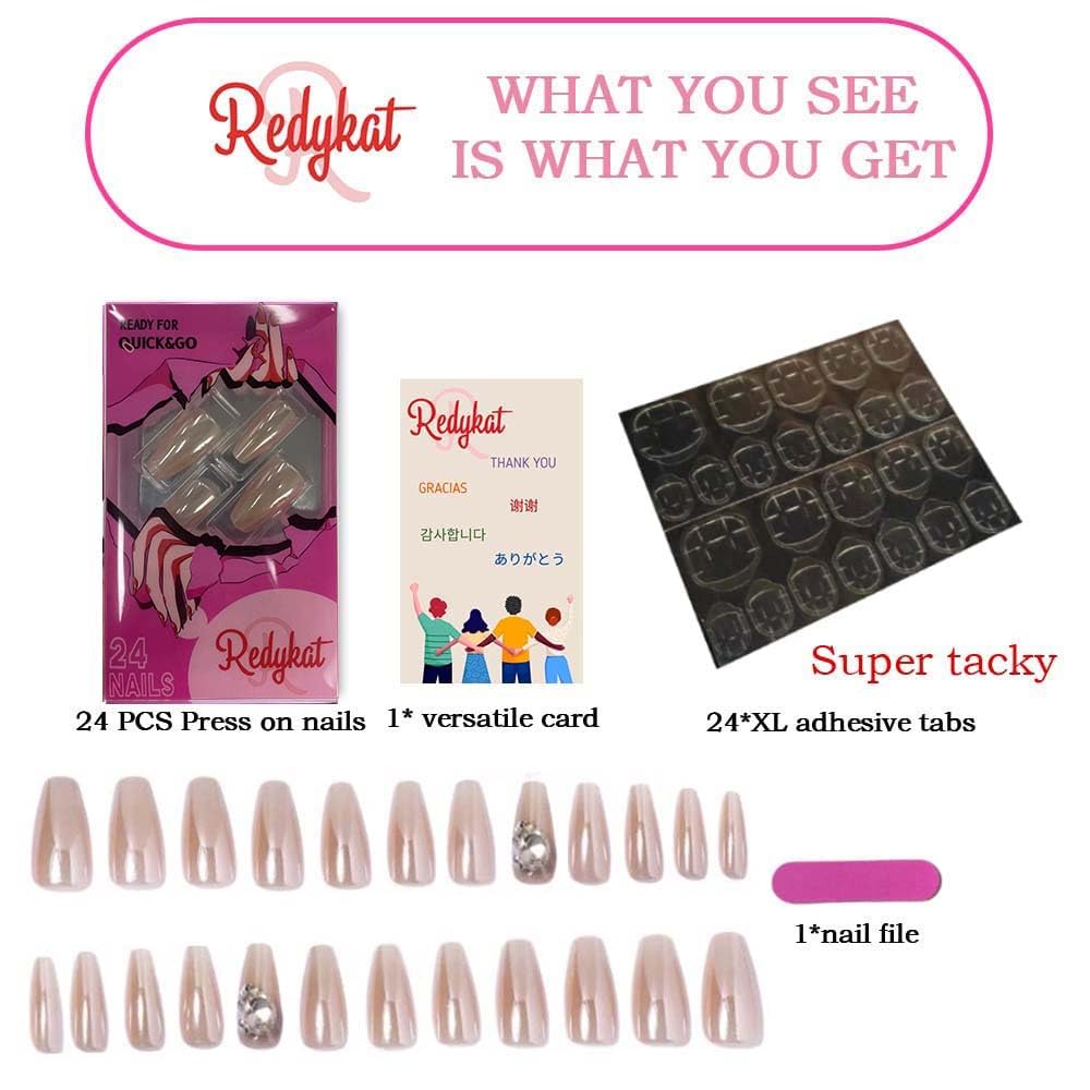 Redykat 24PCS Glossy Coffin Press On Nails, Salon Quality Nail art, Extra Long Acrylic Fake Nails, False Nails, Home Quick Manicure……… (Ombre Moonlight with Rhinestones)