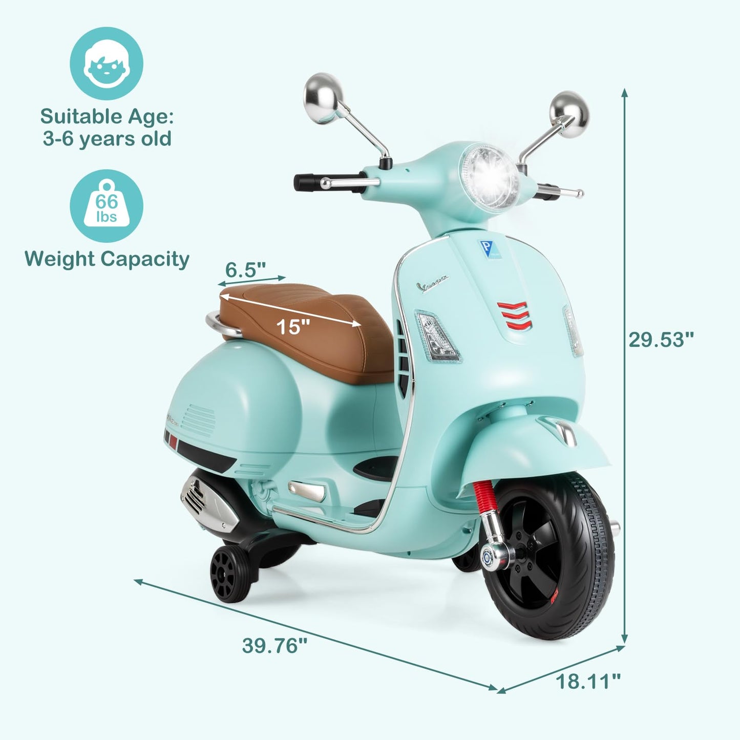 Licensed Vespa Scooter Kids Motorcycle by OLAKIDS, 12V Ride on Electric Motorcycle with Training Wheels LED Lights Music Story Mode Horn (Green)