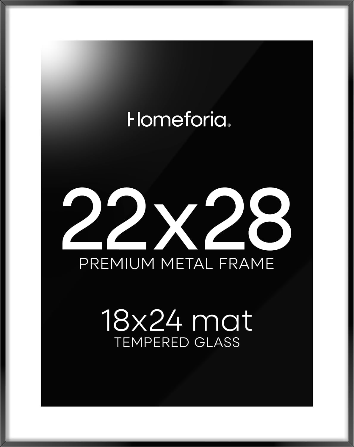 Homeforia 22x28 Poster Frame Black, High End Metal 22 x 28 Large Picture Frames with Mat 18 x 24 for Photo, 22x28 Thin Frame Matted to 18x24 inch Print, 28x22 Frame, Tempered Glass, Wall Kit, Set of 1