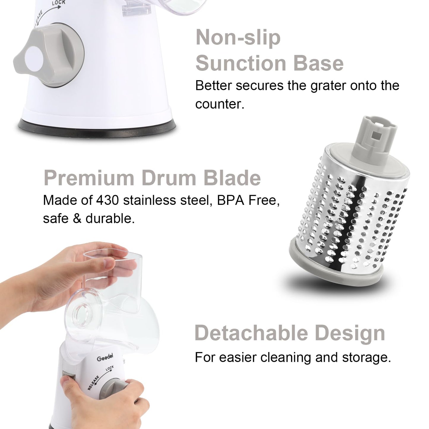 Geedel Rotary Cheese Grater, Kitchen Mandoline Vegetable Slicer with 3 Interchangeable Blades, Easy to Clean Rotary Grater Slicer for Fruit, Vegetables, Nuts