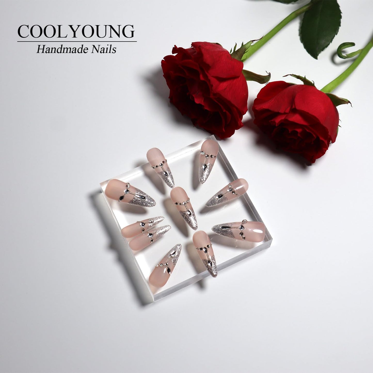 Handmade Acrylic Press On Nails 3D Nails French Press On Nails Glitter Press On Nails Elegant Press On Nails Birthday Gifts For Women COOLYOUNG Nails, 10 PCS, Size S