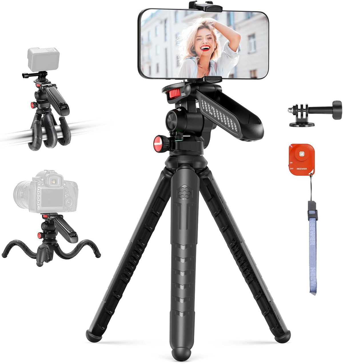 NEEWER Mini Flexible Tripod for iPhone & Camera with Remote/Handle/Phone Holder/Action Camera Adapter, Portable Pocket Desk Tripod for Travel Vlogging Compatible with iPhone GoPro Samsung, TP36