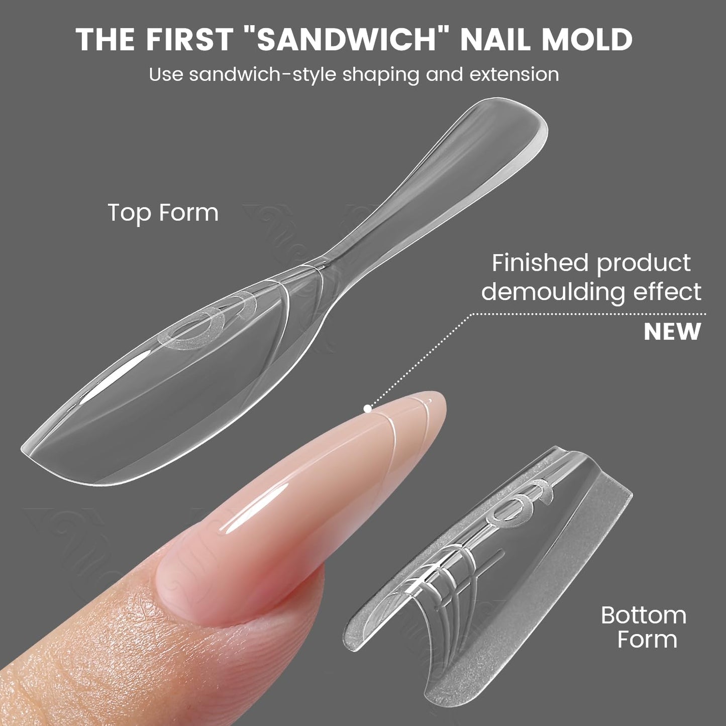 YOKEFELLOW Original Sandwich Nails Dual Forms - 240Pcs Nail Mold for Quick Nails Extension, No Paper Forms Needed, 15 Sizes Plastic Form, Salon Nail Art Tools(W558-Almond)