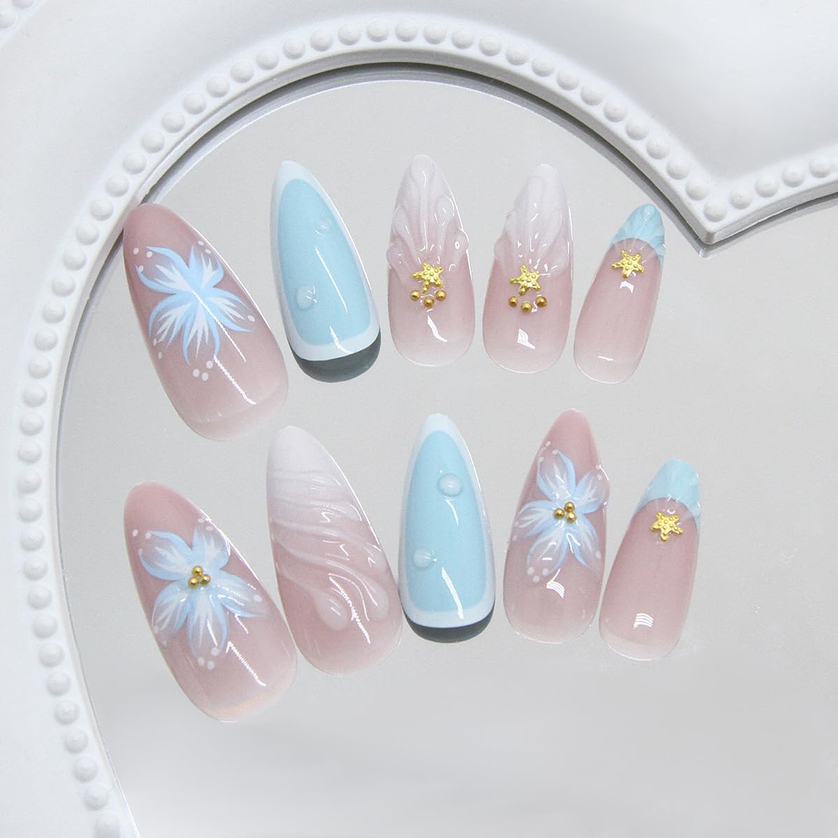 Mkwntg 24Pcs Blue Summer Press on Nails Medium Almond Fake Nails with 3D Gold Beads Starfish Design Ocean Beach French Tip Acrylic False Nails Spring Flower Full Cover Stick on Nails for Women Decor