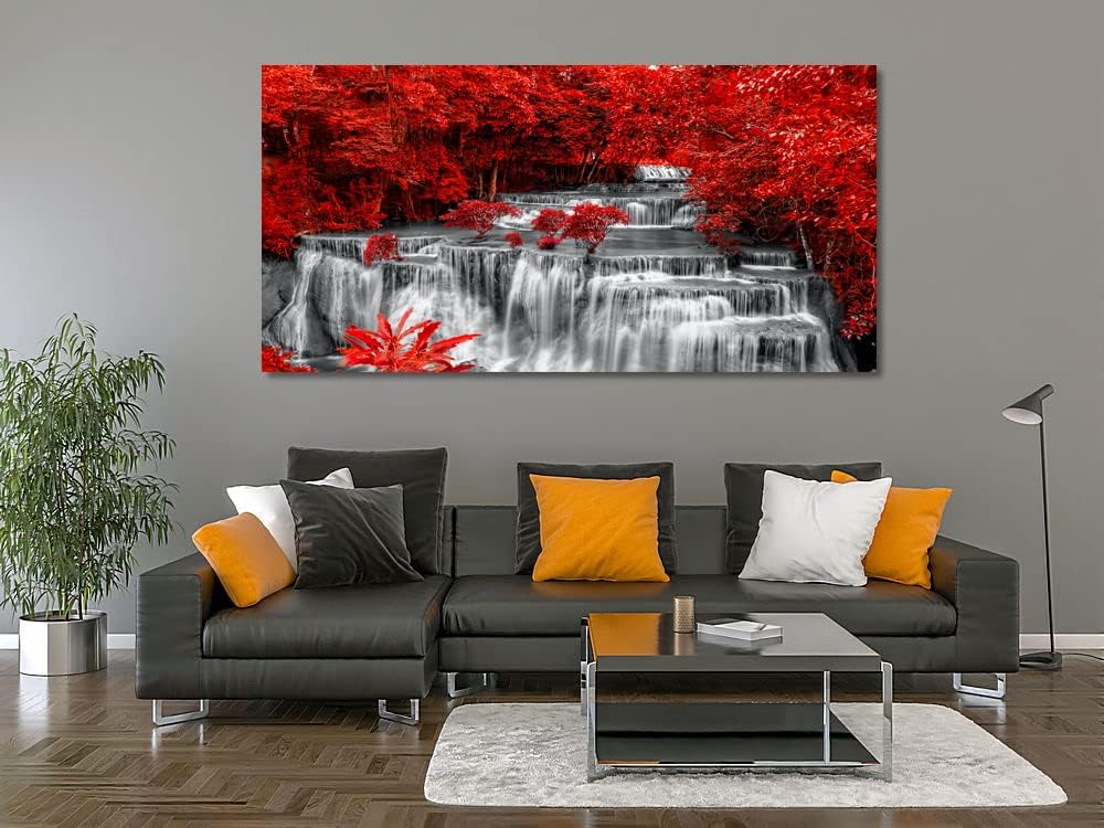 Yxbhhym Black White and Red Waterfall Canvas Wall Art- Red Tree Prints Landscape Posters Framed Picture - Nature Forest Scenery Paintings for Living Room Bedroom Home Office Wall Decor- Large