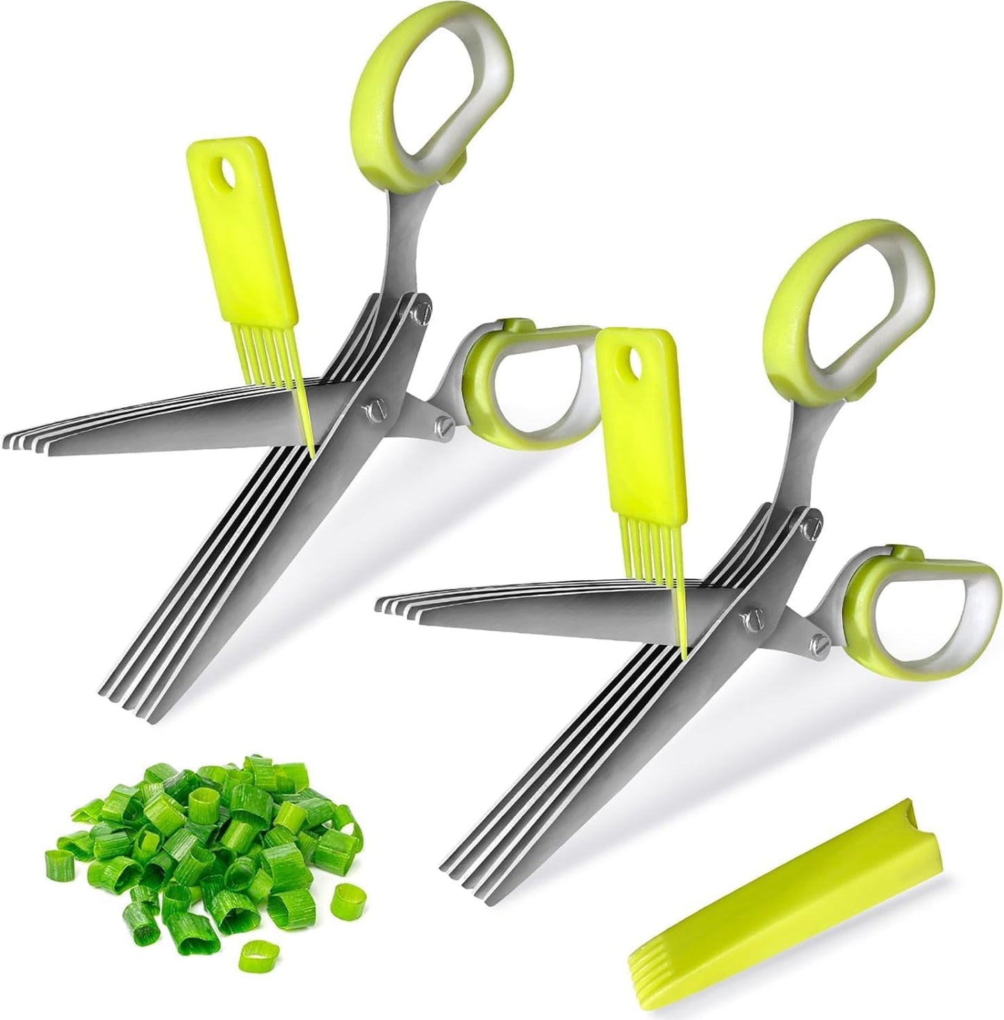 2 Pack Green Herb Scissors, Shallot Scissors, Multipurpose 5 Blade Kitchen Herb Shears, Herb Cutter with Safety Cover and Cleaning Comb for Chopping Shallot Basil Chive Parsley
