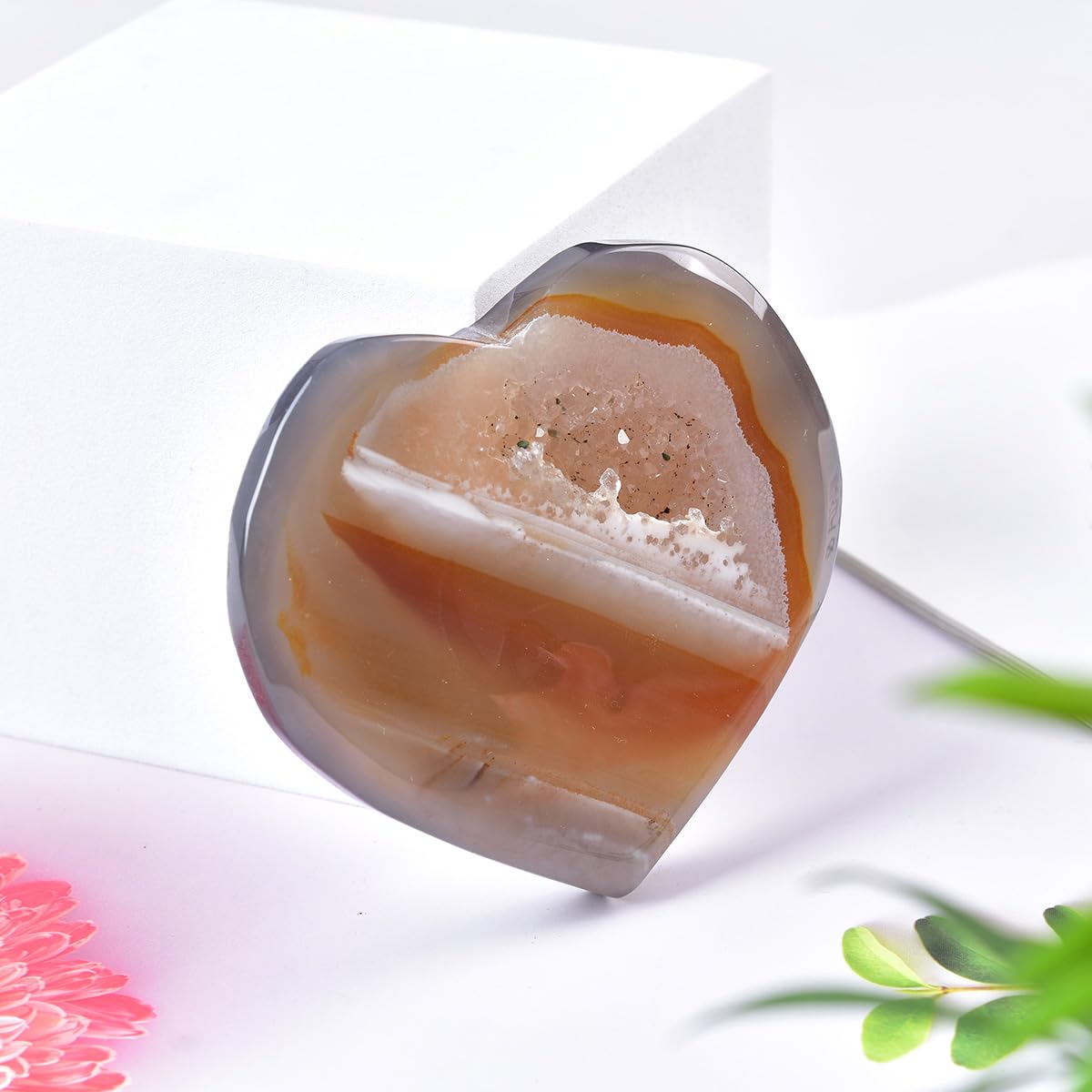 JIC Gem Large Agate Heart Crystal Geode Druzy Palm Worry Stone Reiki Crystals and Healing Stones 3.5-3.9"(90-100mm)