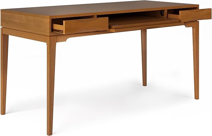 SIMPLIHOME Harper Desk - 60-Inch Wide Solid Hardwood Writing Desk in Light Golden Brown, Mid-Century Modern Home Office Computer Table for Study with 2 Drawers and Flip-Down Keyboard Tray