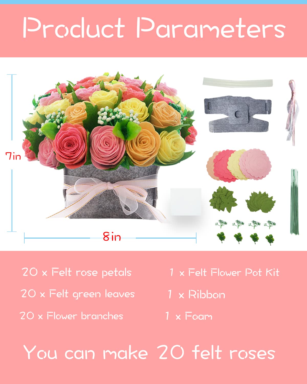 DIY Felt Flower Art Craft Kit, DIY Rose Pot Bonsai Kit, Beginner Floral Gifts - Arrange Pre-Cut Flowers and Foliage - Red, Pink, Yellow