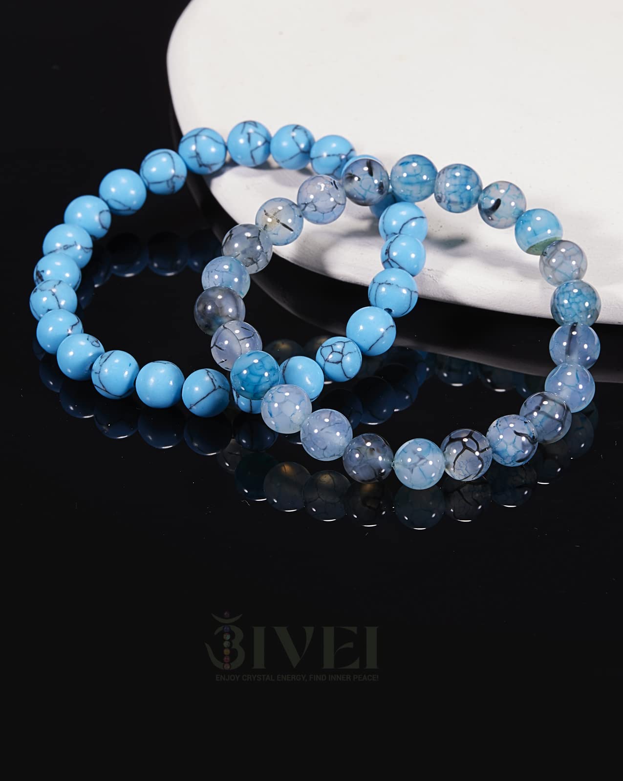 Bivei Natural Gemstone Semi Precious Crystals Handmade Stretchy Round Beads Bracelet, Stocking Stuffers for Women(Blue Dragon Vein Agate & Turquoise (Strength & Protection) Medium)