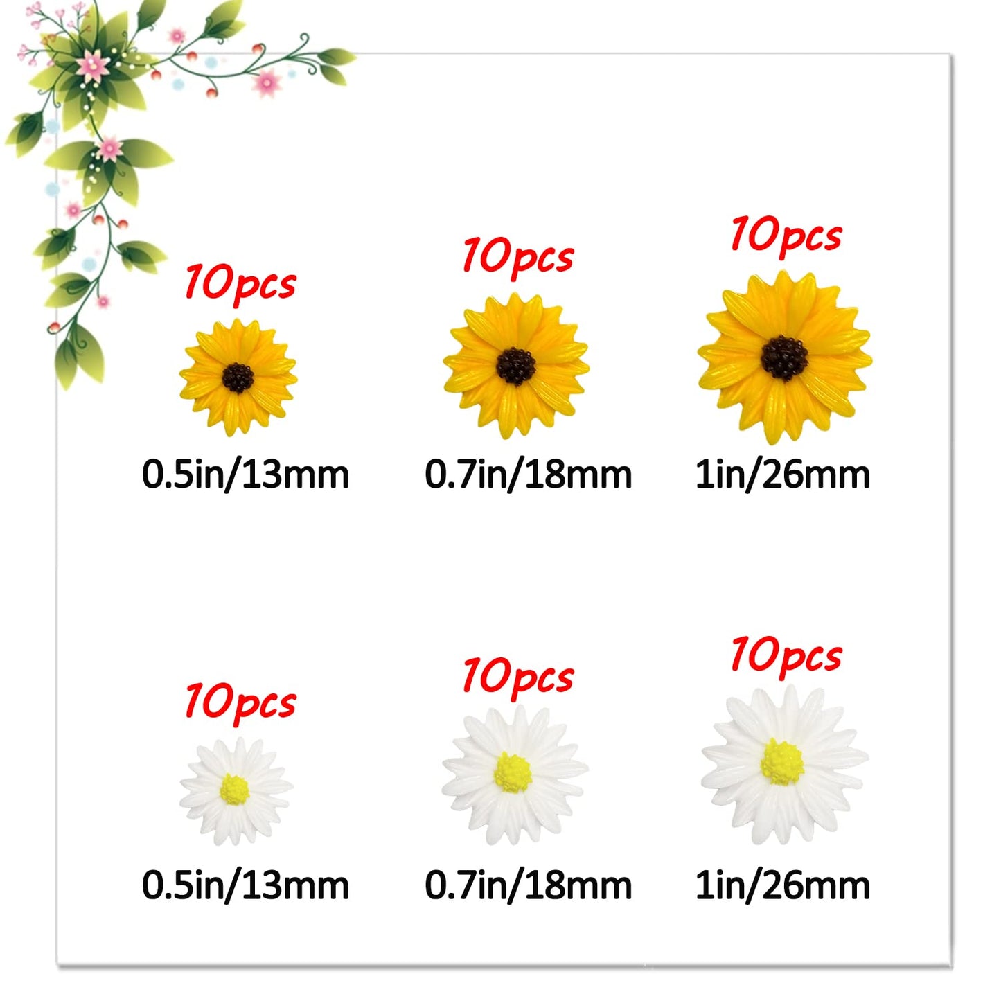 glacely 120pcs Mini Resin Bee Daisy Flowers Decor and Ladybugs Embellishments, Including 30 Pcs Tiny Resin Ladybug 30 Pcs Bee and 60 Pcs Sunflower Decorations for DIY Craft Cloth Pen Box Home Decor