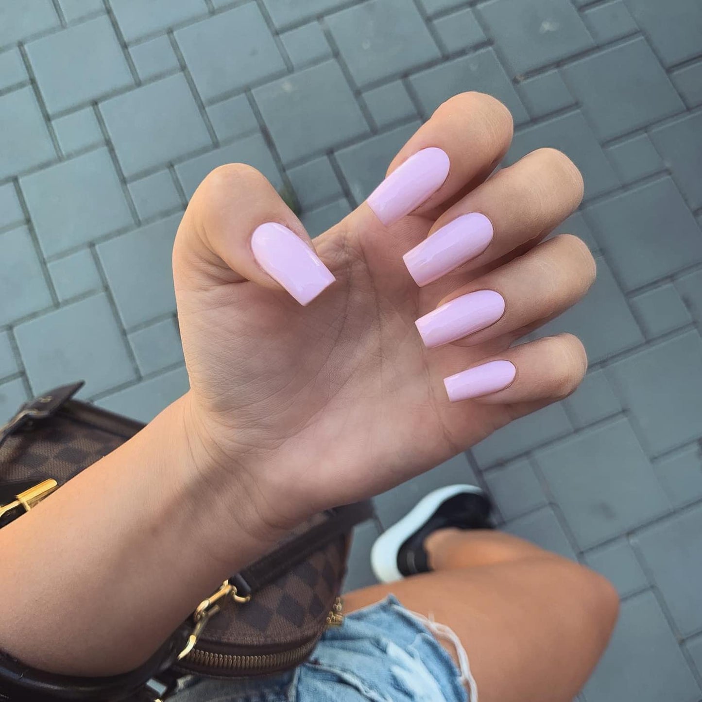 Lilac Press On Nails Medium Long Square, Xcreando Medium Coffin Nails Acrylic Press ons Glue on Nails Long Length, Solid Color Fake Nail for Women, Natural Thick Artificial Nail Stick on, Lavender