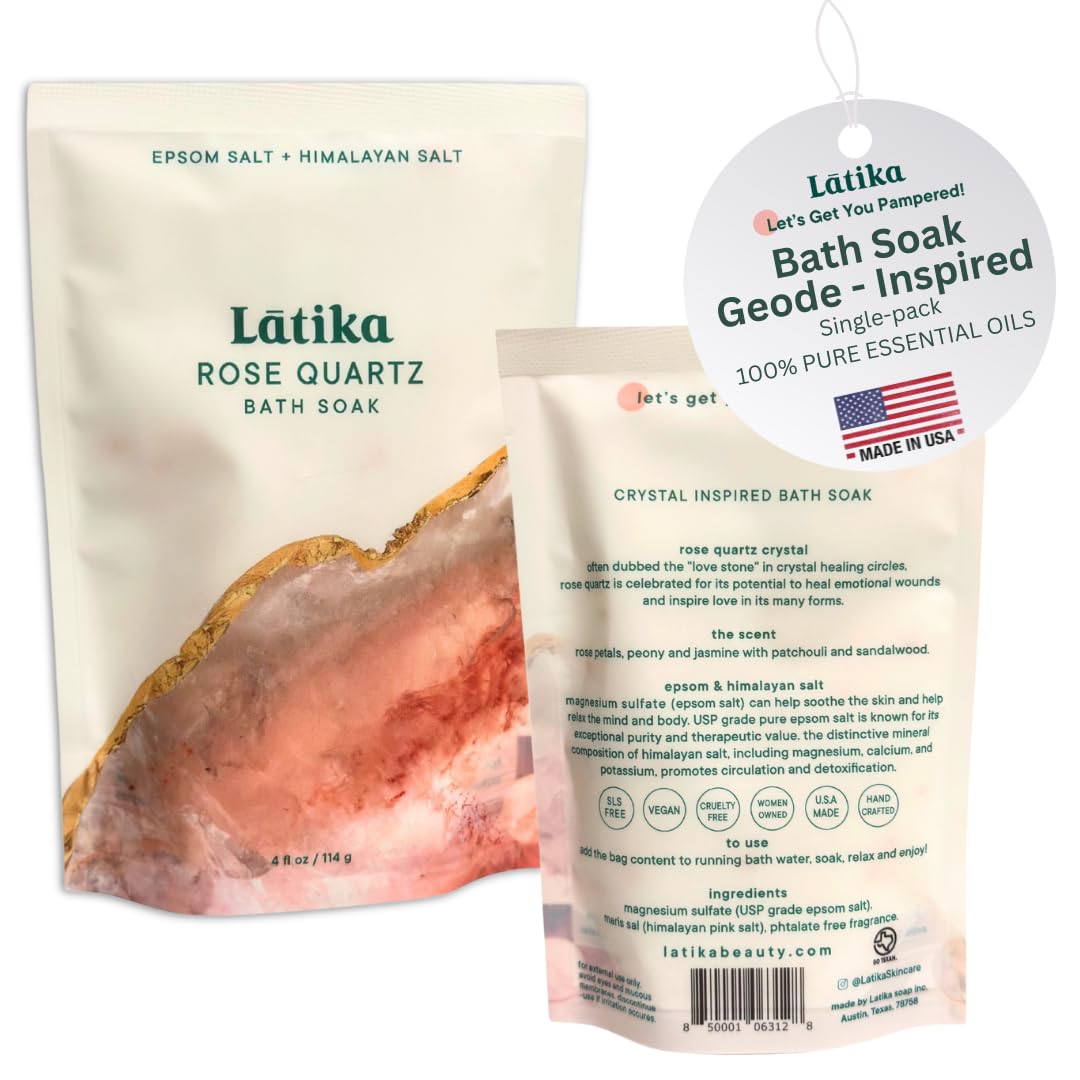Latika Geode-Inspired Bath Soak Single Pack- Rose Quartz with Essential Oils & Epsom Salt for Stress Relief, Muscle Recovery & Skin Care [1 Pack]