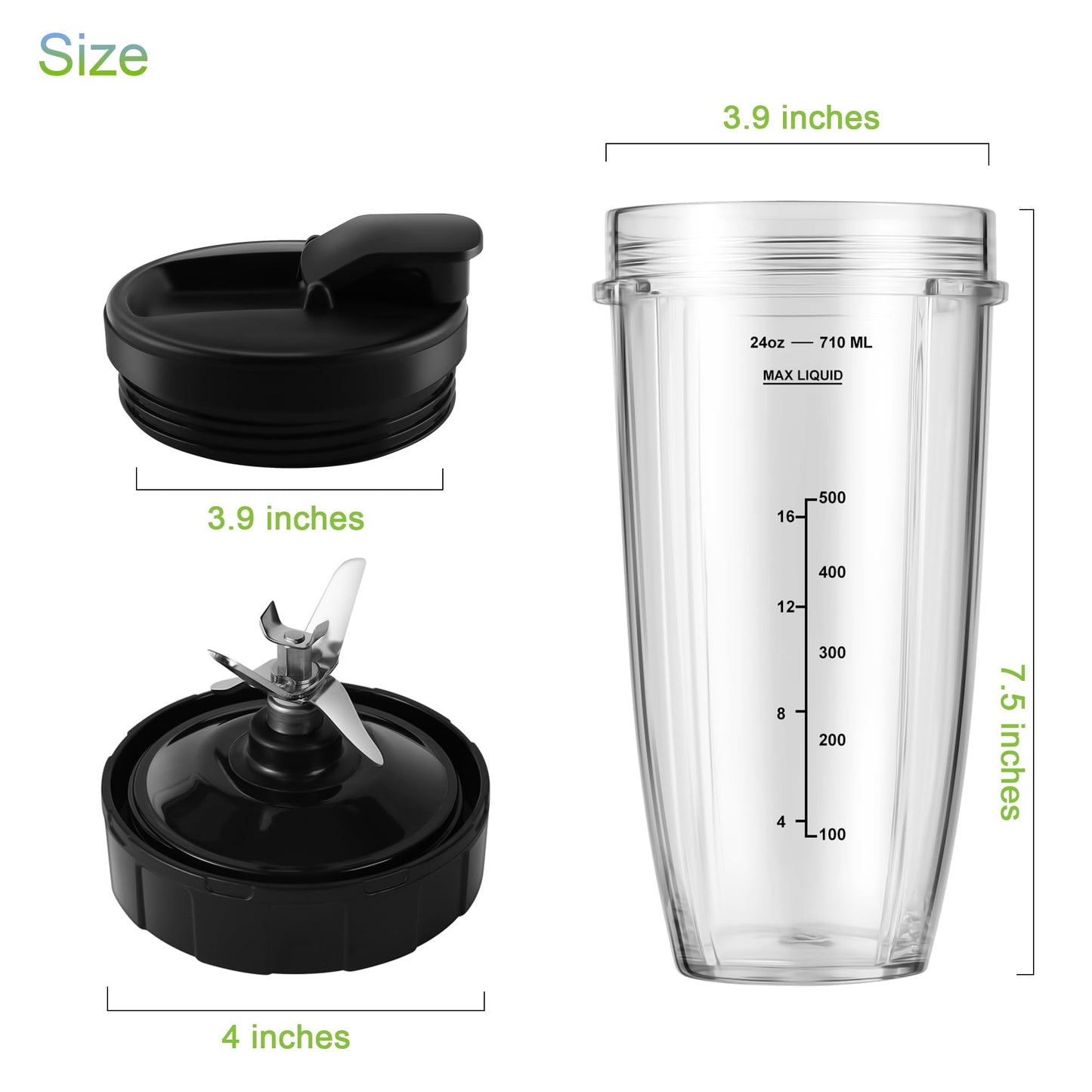 Blender Replacement Parts for Ninja, 24oz Ninja Blender Cups with To-Go Lids, 7 Fins Extractor Blade, Compatible with Nutri Ninja Auto iQ Blenders BL2012 BN801 BL480-30 BL640-30 BL642-30 NN100-30