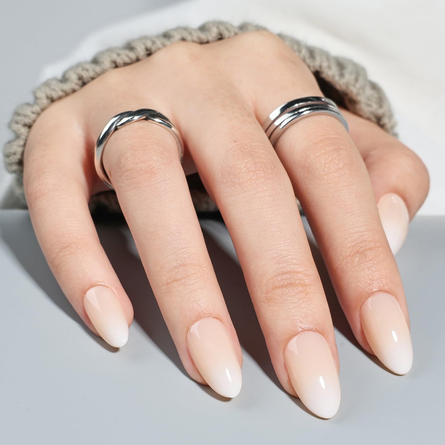 Ombre Press On Nails Short - Almond Ombre French Tip Press On Nails, Reusable Fake Nails Kit with Glue, 32 Nails in 16 Sizes | Salon Quality