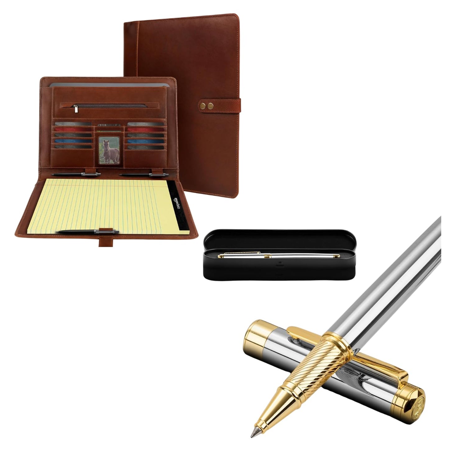ELIZO Leather Portfolio & Rollerball Pen Bundle – Professional Padfolio Organizer with Antique Letter Strap & 24K Gold Trim Executive Pen, Schmidt Ink Business Writing Set