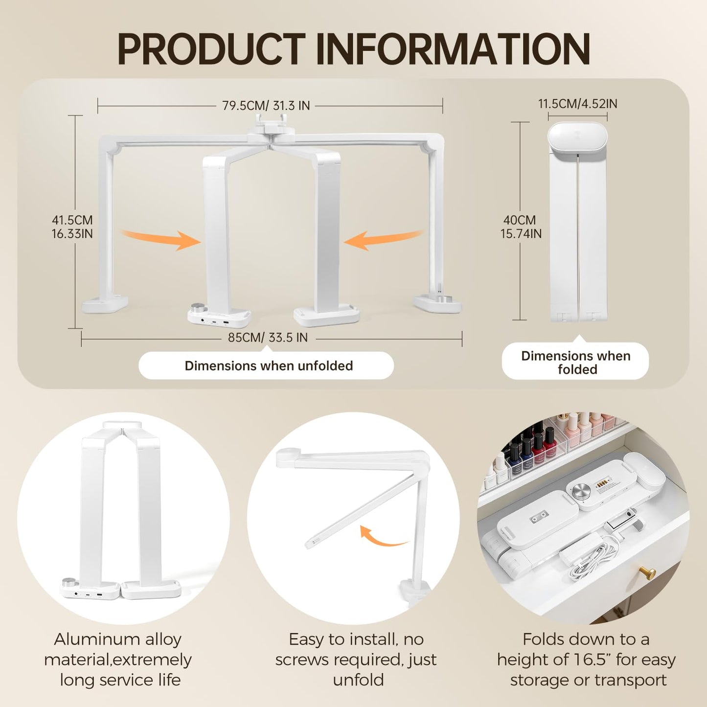 AOXDWGE 33.5" Foldable Half Moon LED Nail Lamp, 456LEDs 3350LM Half Moon Light for Nails with Phone Holder, 3 Color Modes 3000K-6000K Professional Manicure Lamp for Nail Tech Salon
