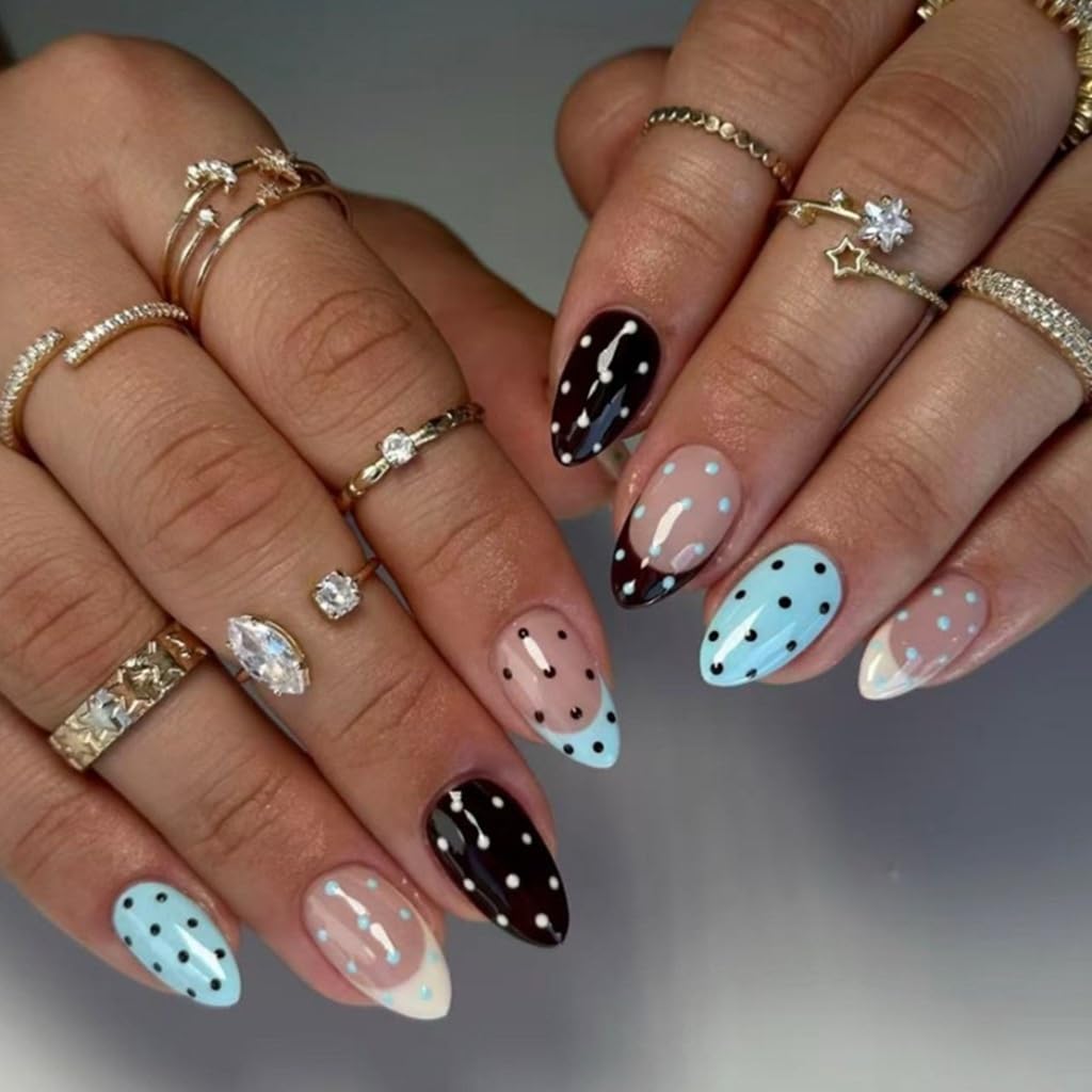 CTTHNBD Press on Almond Nails - French Tip Fake Nails with Polka Dot Design - Medium Full Cover False Nails - for Women 24 Pcs