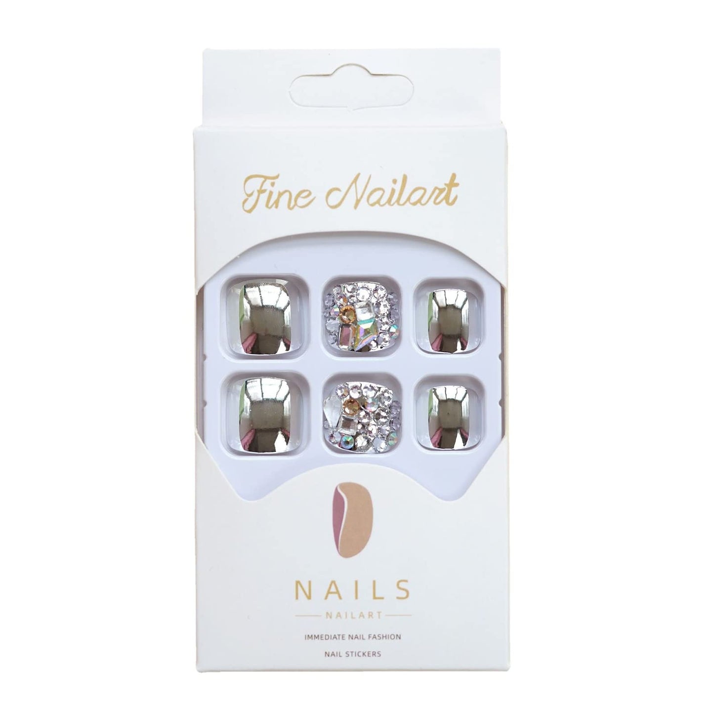 MISUD Press on Nails - Toe Glue on Nails with Silver Chrome, Acrylic Toenails Rhinestone Design 24 pcs