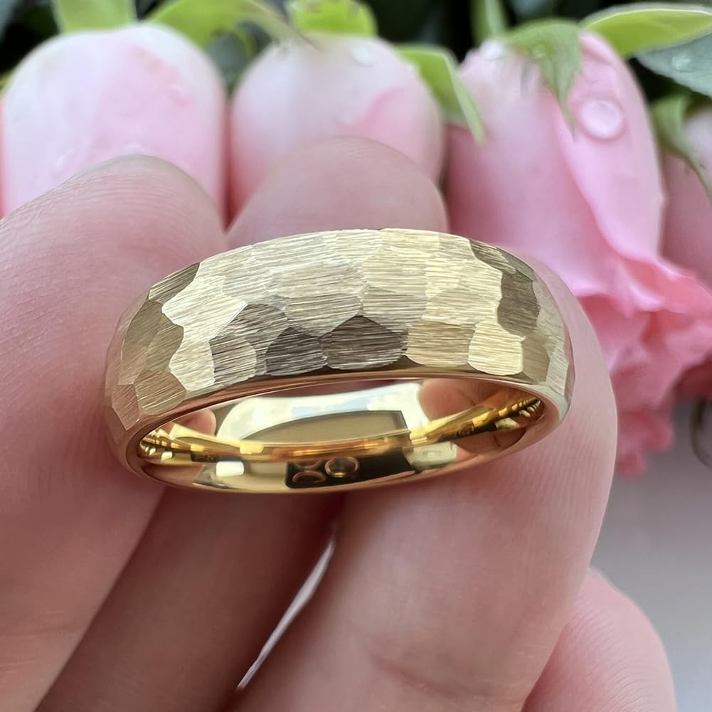 TUTISS 6mm Gold Hammered Tungsten Rings for Men Women Engagement Wedding Bands Domed Matte Finish Comfort Fit Size 9