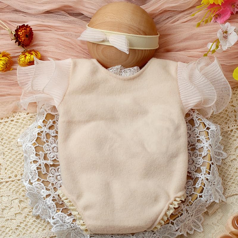 Newborn Photography Outfits Girl Baby Photography Props Lace Romper With headband Baby Photo Outfits Girls Photo Props - color: Beige