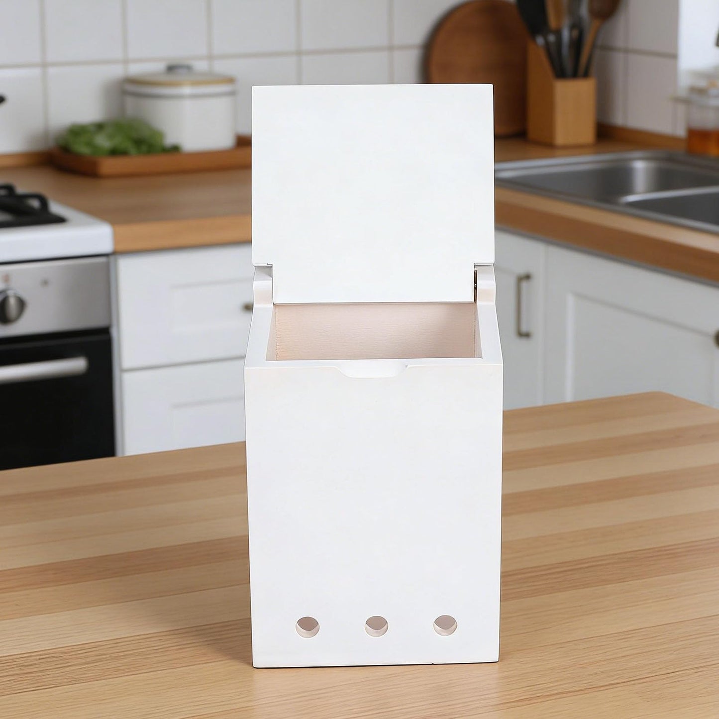 Mowhut Garlic Keeper for Countertop, Wooden Storage Box with Solid Wood Cover, Ventilation Holes, White Holder Container for Kitchen Pantry, Ginger and Shallots