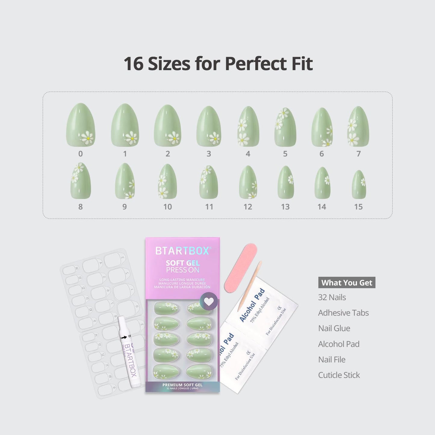 BTArtbox Press On Nails Short - Meadow Daisy, Easy-to-Apply 3D Flower Pastel Green Almond Press On Nails with Glue and Adhesive Tabs in 16 Sizes - 32 Nails All-in-One Kit