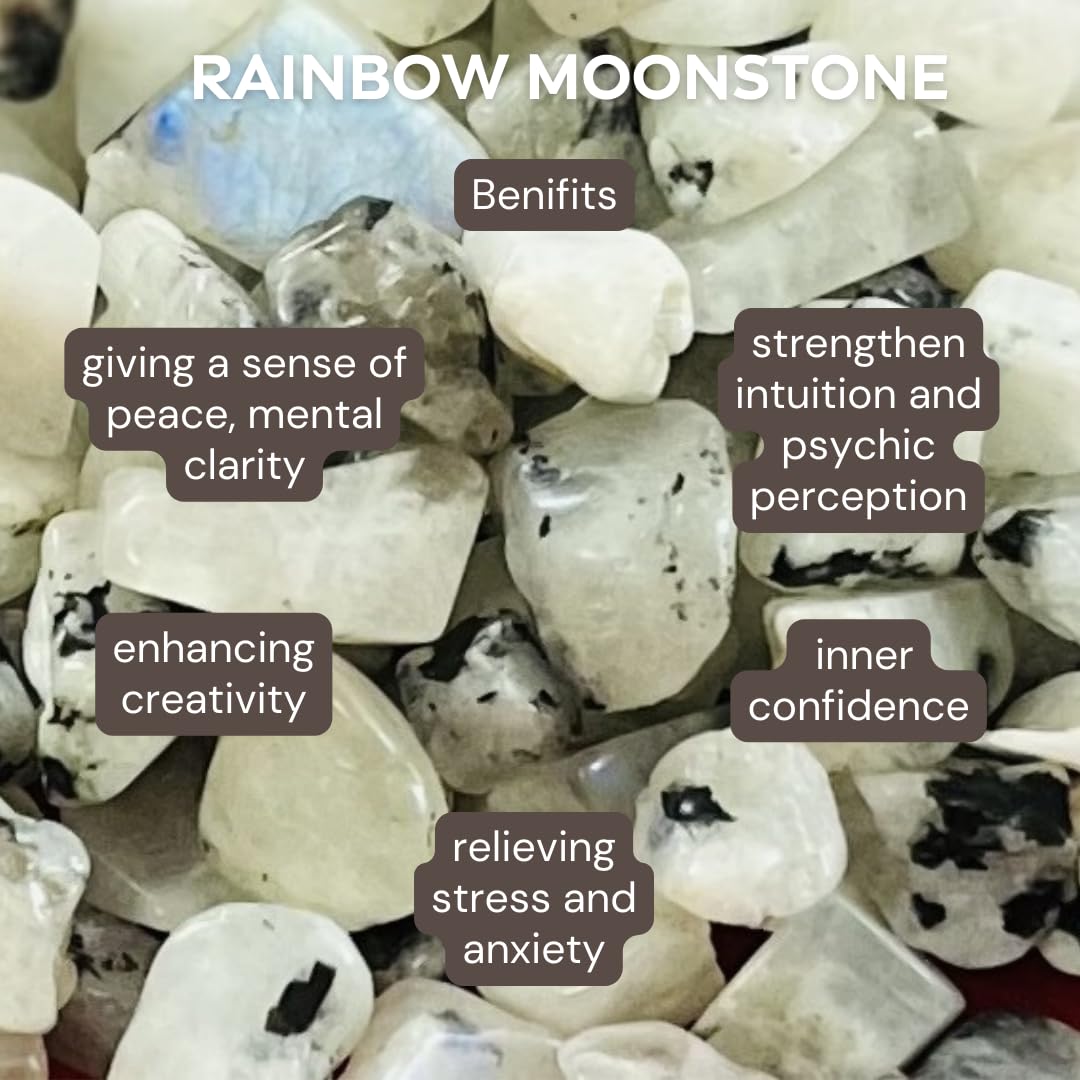 Indian Consigners Natural Crushed Polished Tumbled Gem Stone Chips, Decoration & Healing Crystals (Rainbow Moonstone)