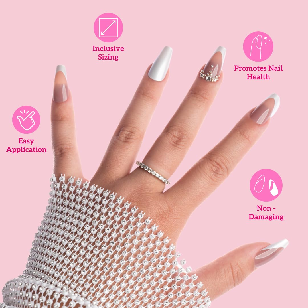 Keep It Classy French Tip Mauve/Silver, Press-On Nails Kit by Monyetta Shaw || Ballerina || Reusable, Vegan, Non-Toxic, Easy Application || One 24 Nail Kit